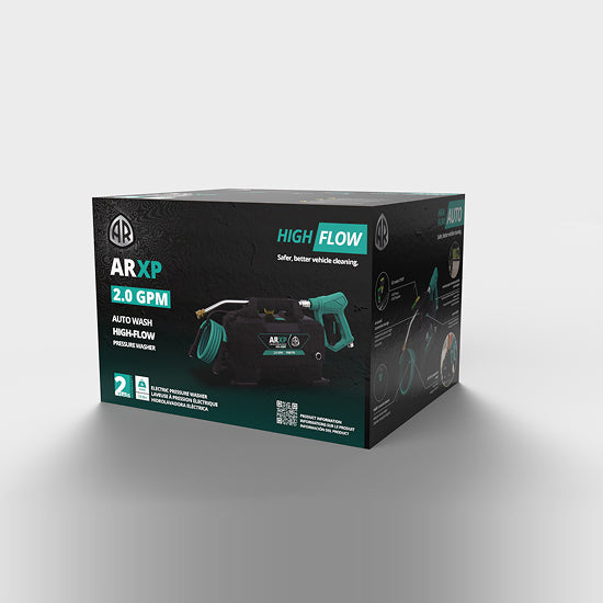Box of ARXP high-flow pressure washer on a gray background, retail ready