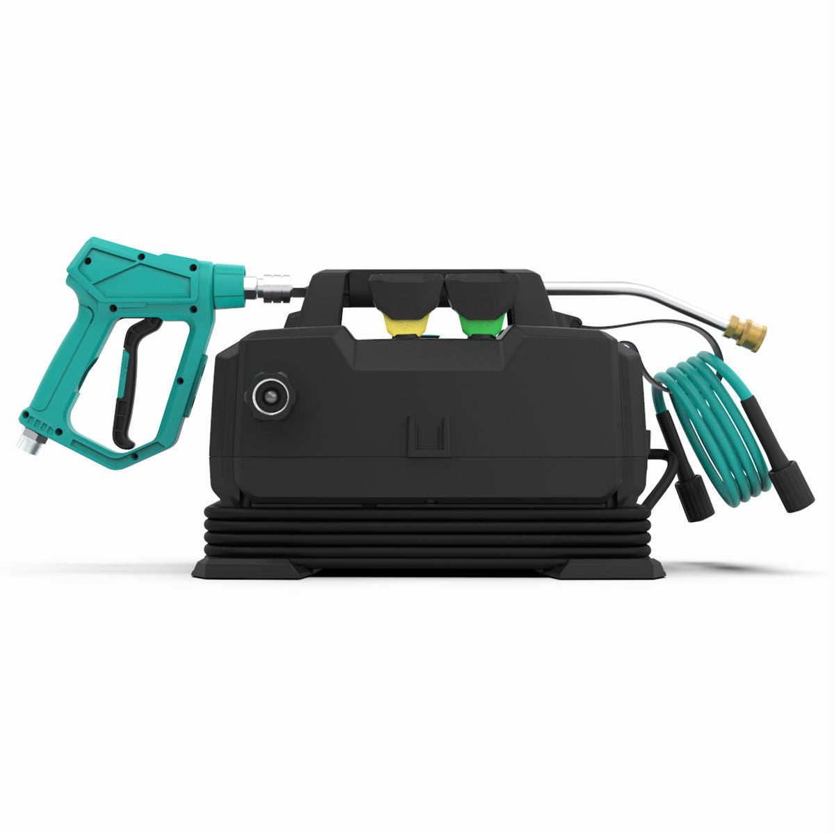 ARXP pressure washer with hose and nozzle on a white background, Back of machine. Showing inlet