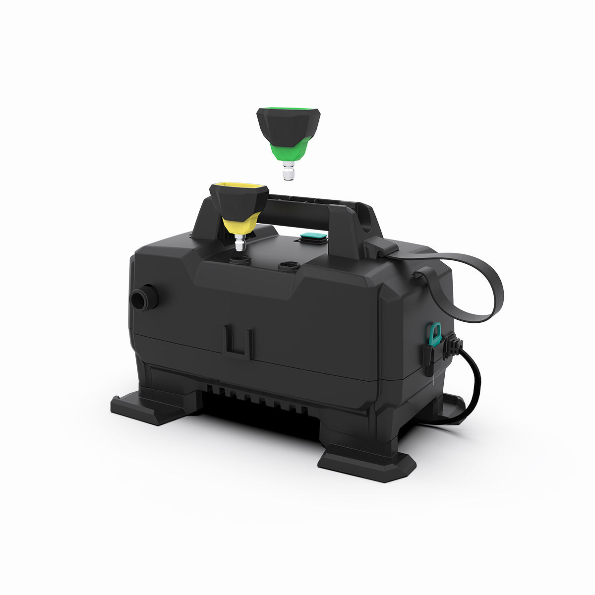 ARXP pressure washer with hose and nozzle on a white background, showing back of machine with nozzles being inserted into nozzle holders near handle.
