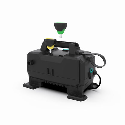 ARXP pressure washer with hose and nozzle on a white background, showing back of machine with nozzles being inserted into nozzle holders near handle.