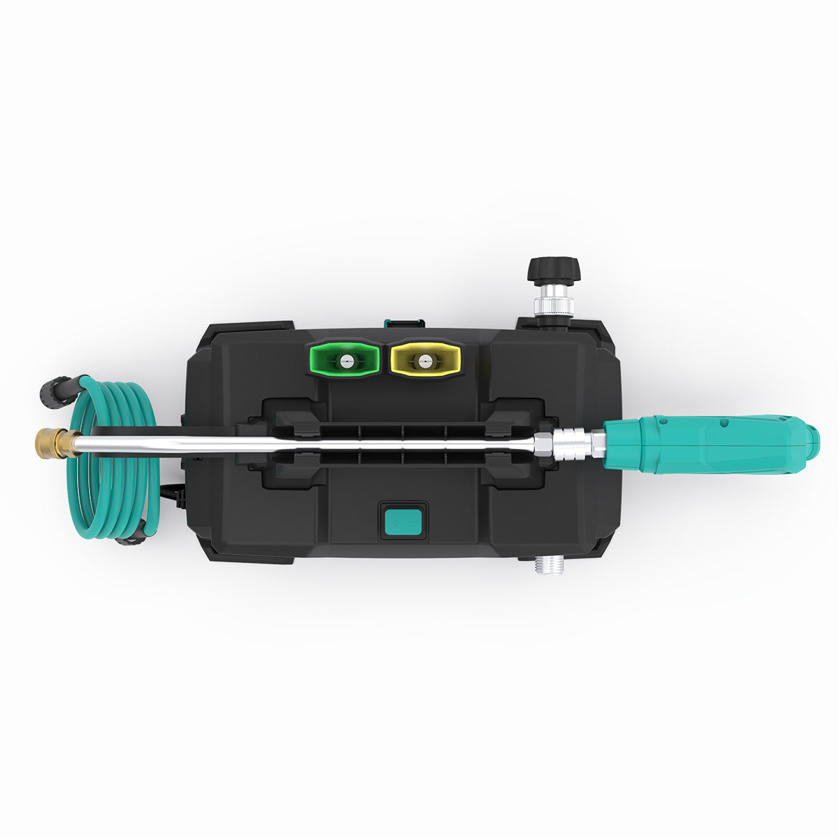 ARXP pressure washer with hose and nozzle on a white background, Top View showing nozzle placement, Gun saddle, hose holder and handle.