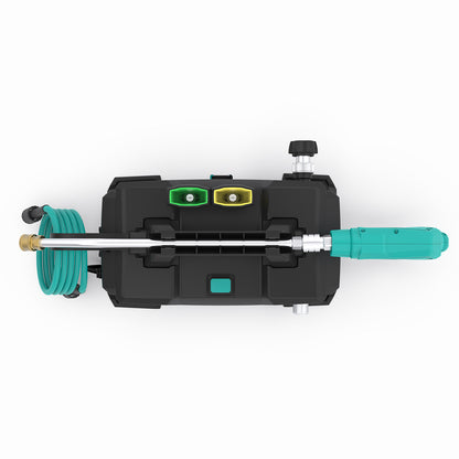 ARXP pressure washer with hose and nozzle on a white background, Top View showing nozzle placement, Gun saddle, hose holder and handle.