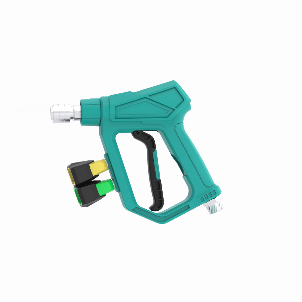 Teal pressure washer gun on a white background, showing Nozzles inserted in to finger guard storage