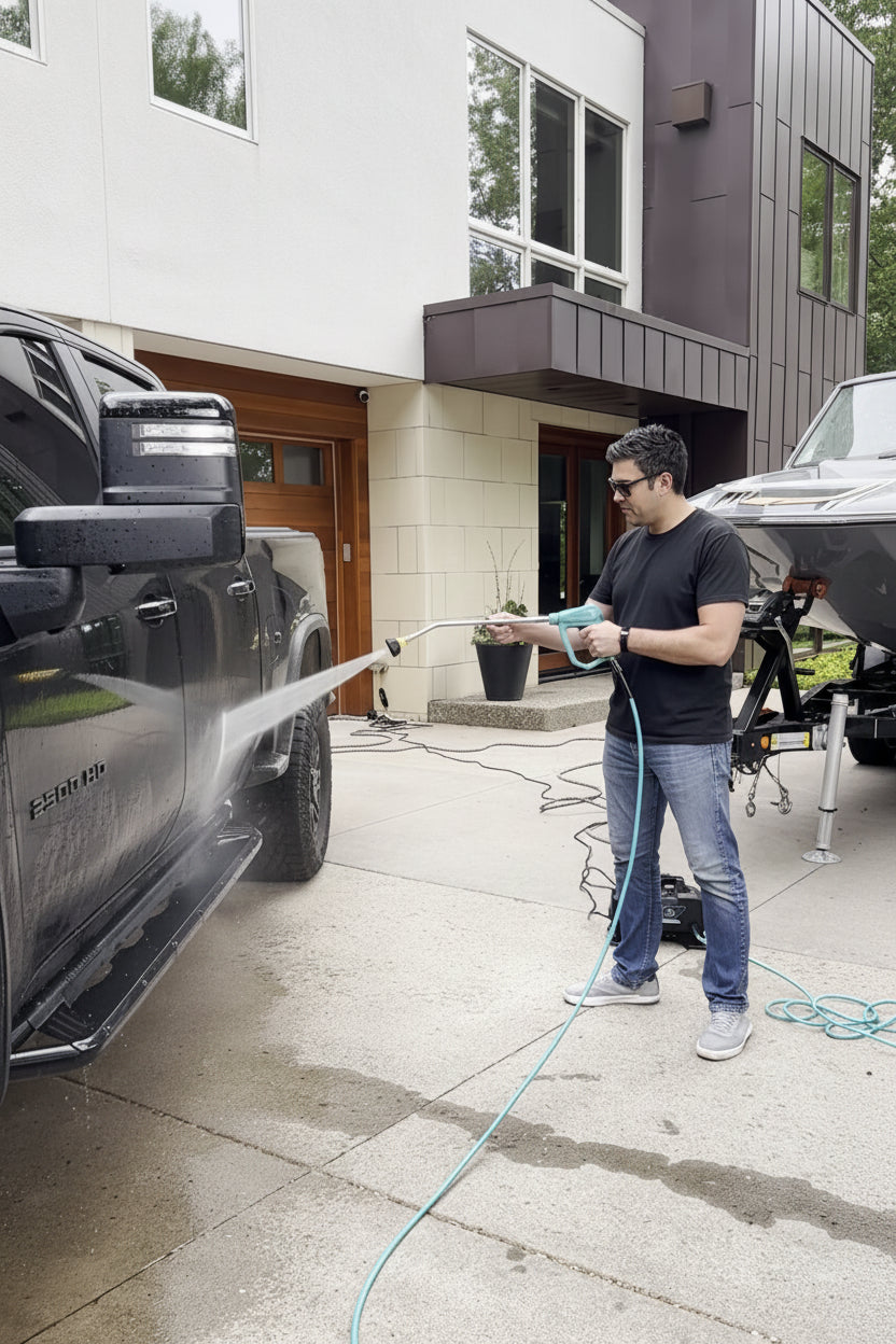 A man wearing a black t-shirt and blue jeans washes a black pickup truck with a pressure washer hose in an outdoor driveway area.