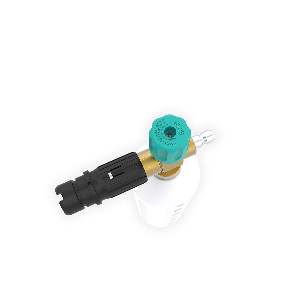 Foam Cannon Top Hero View, showing a close up of Soap adj knob, Brass body, and Nozzle housing