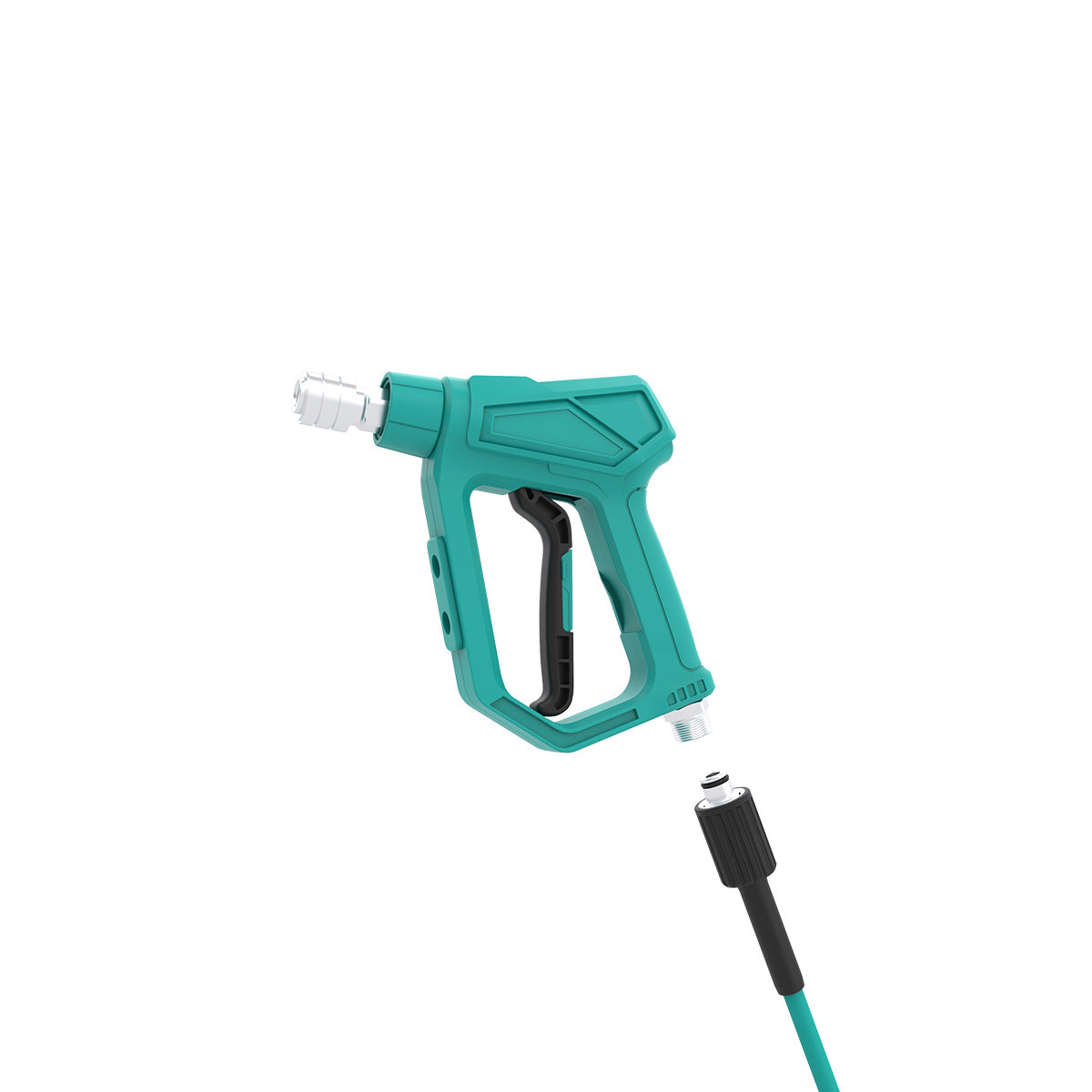Turquoise/teal high pressure hose with black M22x14mm ends showing connection to Pressure washer gun on a white background
