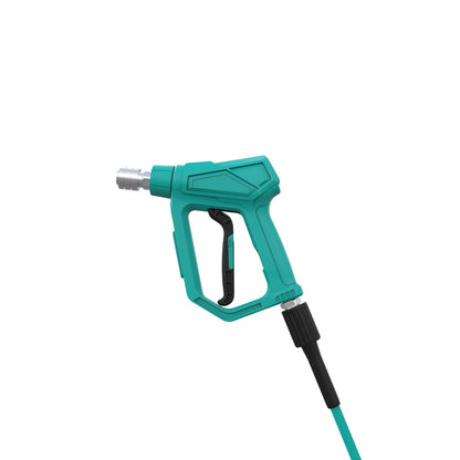 Turquoise/teal high pressure hose with black M22x14mm ends connected to Pressure washer gun on a white background