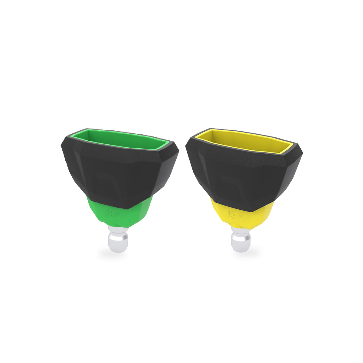 Anti Scuff molded, yellow 15 deg, and Green 25 Deg, QC connection nozzles on white background.