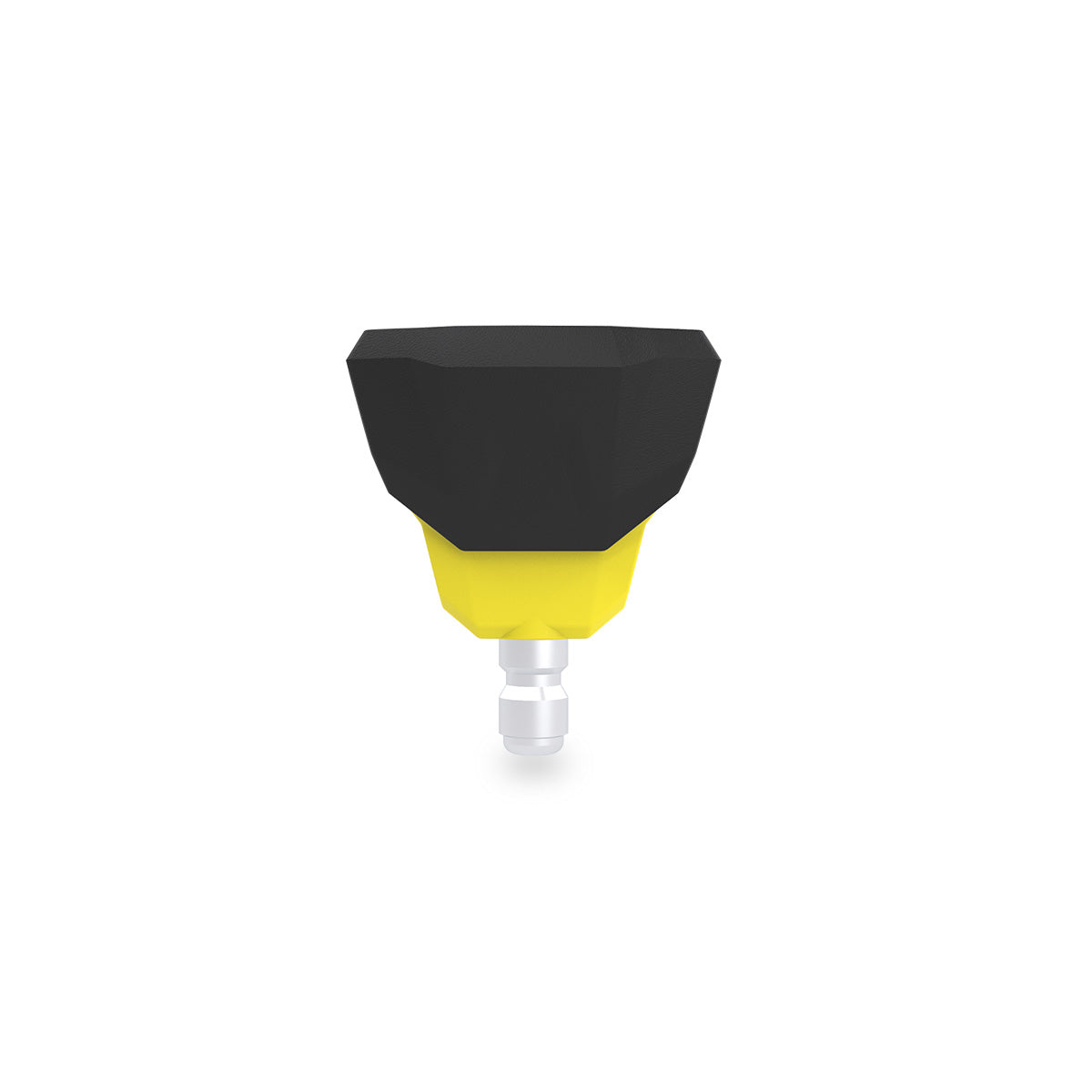 Anti Scuff molded, yellow 15 deg QC connection nozzle on white background. Back view