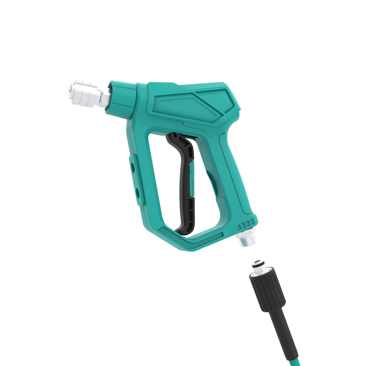 Turquoise pressure washer gun on a white background, showing high pressure hose connection, m22x14mm