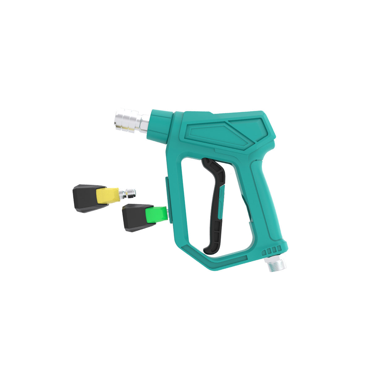 Turquoise pressure washer gun with 2 nozzle attachments on a white background